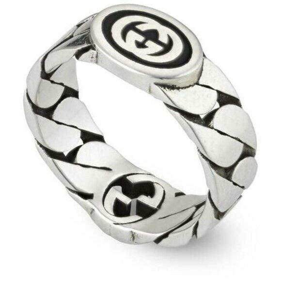 NEW GUCCI INTERLOCKING RING SILVER GG LOGO Black Chain Sz 19 IT 8.75 US Enamel - Picture 2 of 9